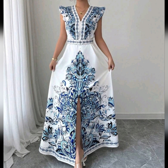 Long Retro V-Neck Open Front Short Cap Sleeve Lightweight Summer Dress - Picture 1 of 4